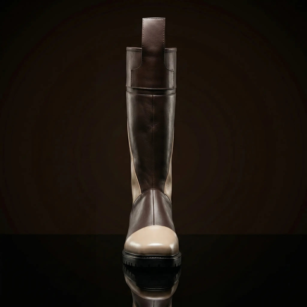Front view of NOIRTIDE custom Jedi Temple Guard cosplay boots