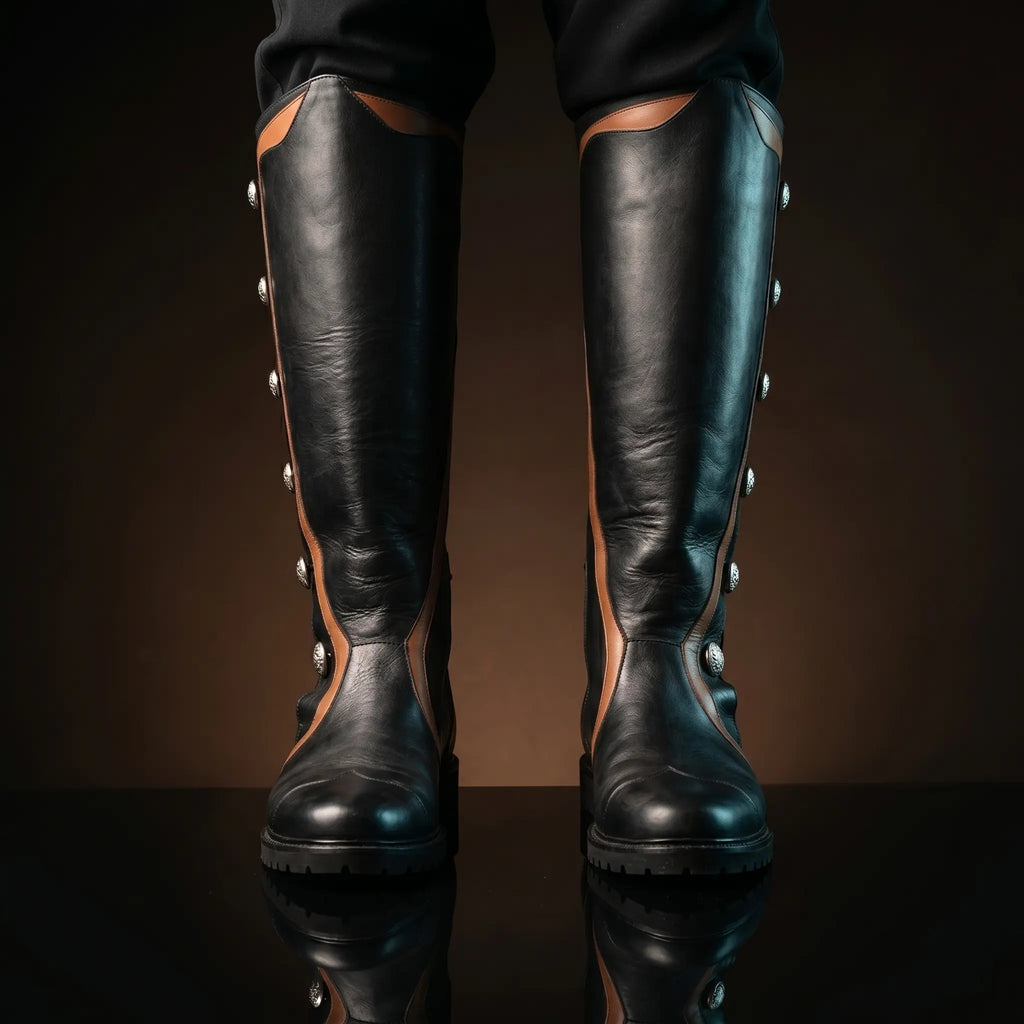 Front view of NOIRTIDE handmade renaissance boots