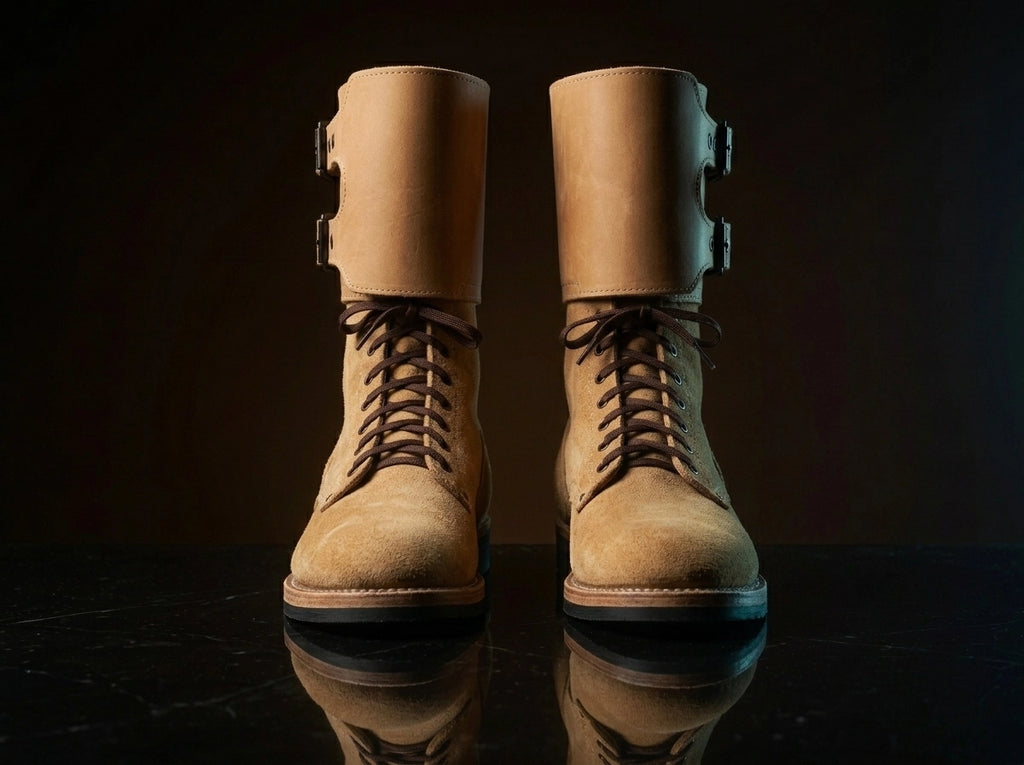 Front view of NOIRTIDE handmade M43 leather combat boots