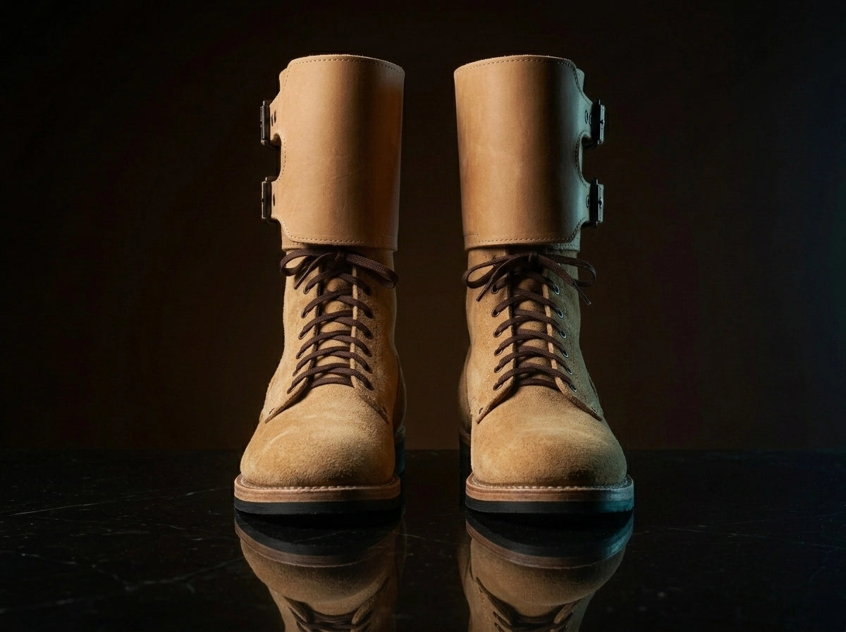 Front view of NOIRTIDE handmade M43 leather combat boots