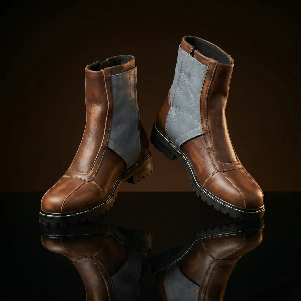 Front view of NOIRTIDE custom Mandalorian cosplay leather boots