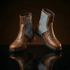 Front view of NOIRTIDE custom Mandalorian cosplay leather boots