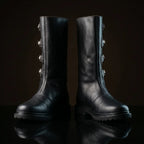 Front view of NOIRTIDE custom medieval Duncan leather boots