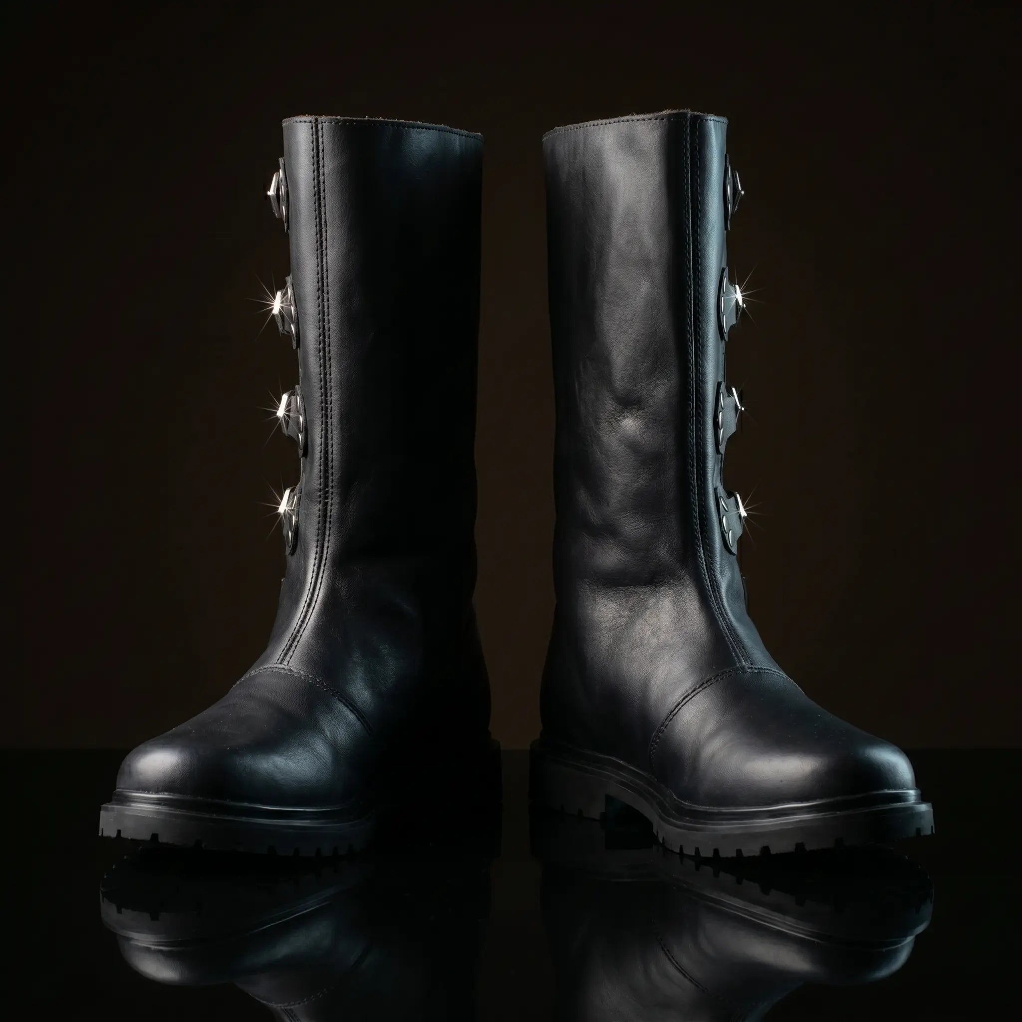 Front view of NOIRTIDE custom medieval Duncan leather boots