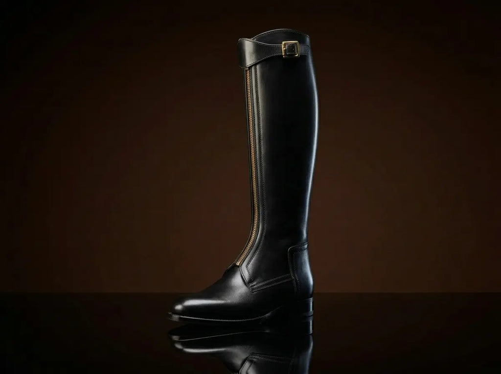 Men's polo riding boots in black leather with front zipper — handmade by NOIRTIDE