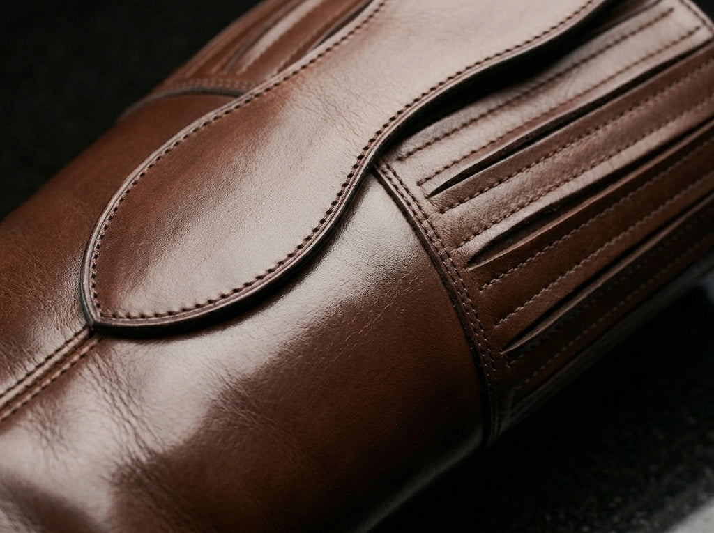 Mule ear pull tab detail on NOIRTIDE handmade preacher shooter boots