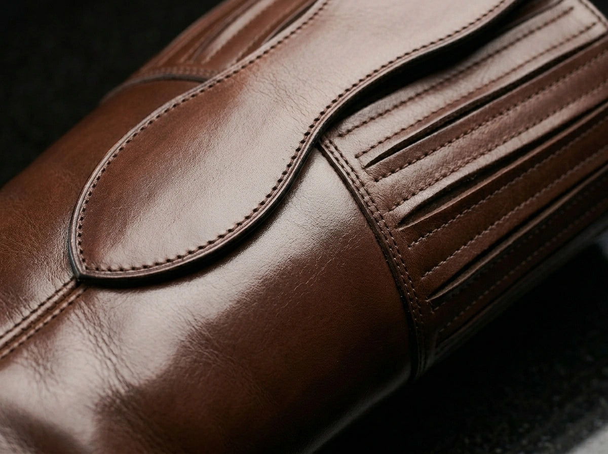 Mule ear pull tab detail on NOIRTIDE handmade preacher shooter boots