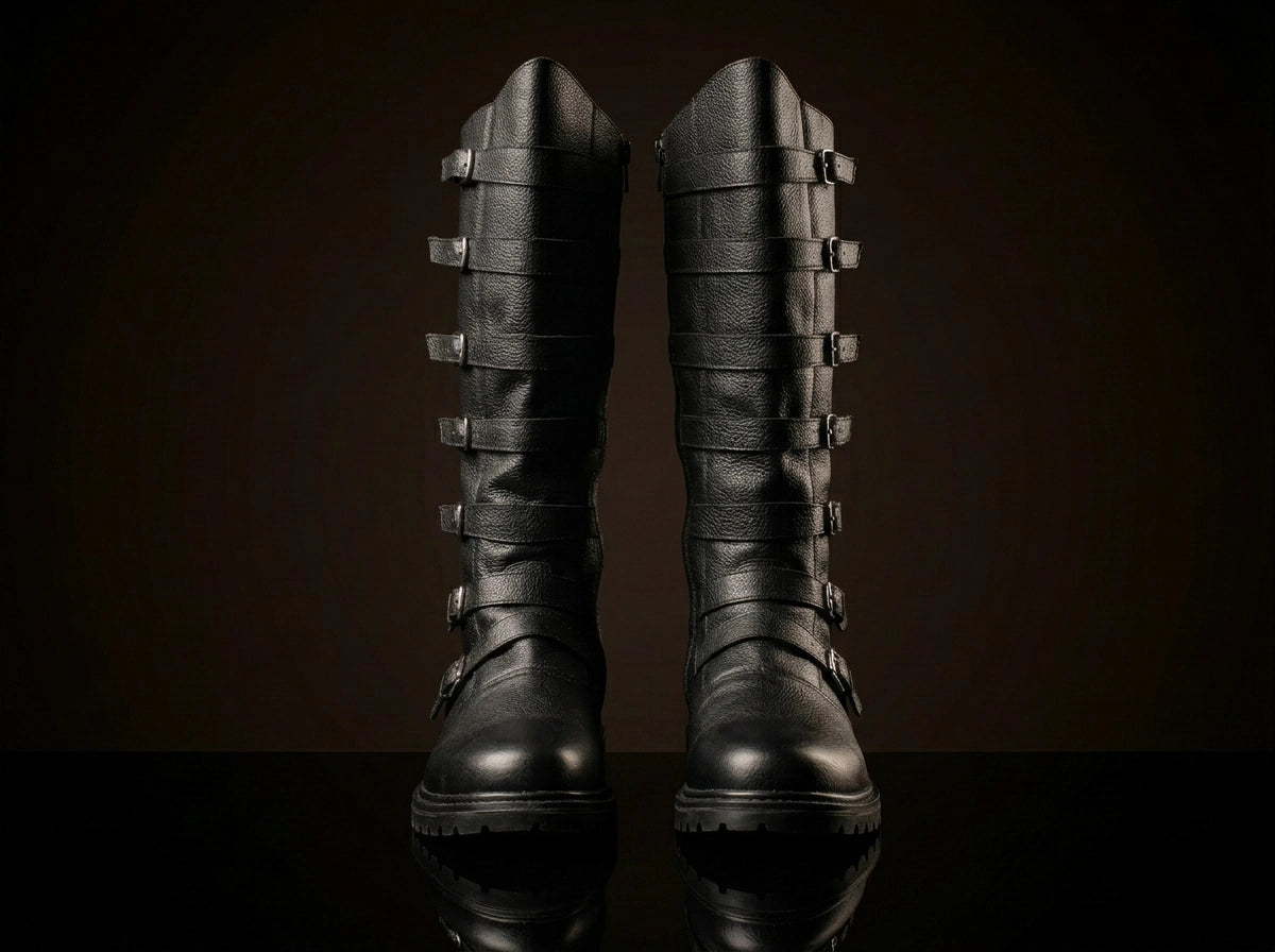 Front view of NOIRTIDE handmade multi-buckle renaissance boots
