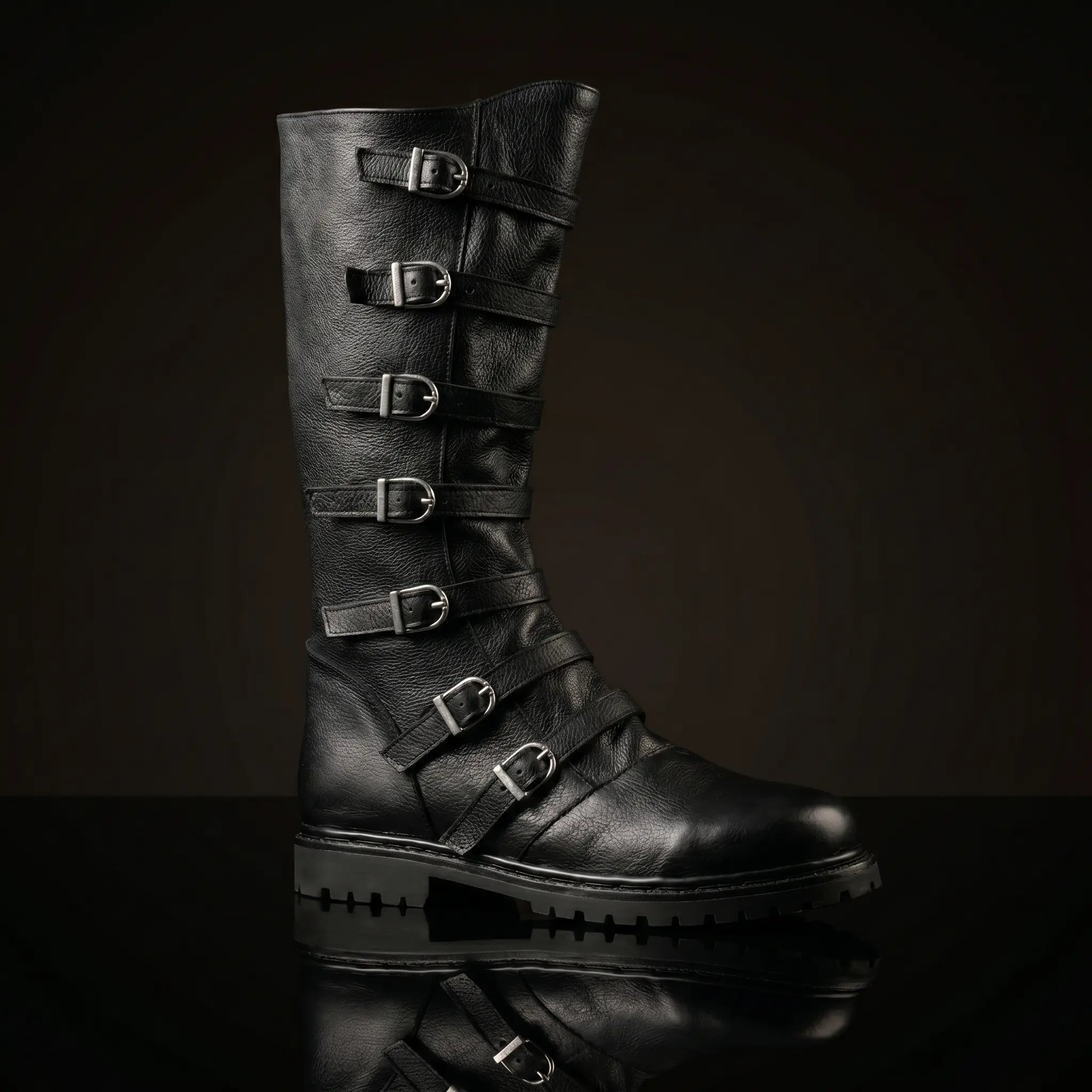 Multi-buckle knee-high renaissance leather black boots — handmade by NOIRTIDE