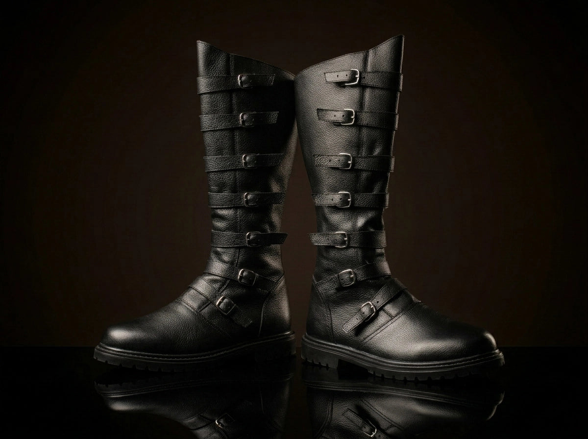 Tall shaft detail on multi-buckle black renaissance boots by NOIRTIDE