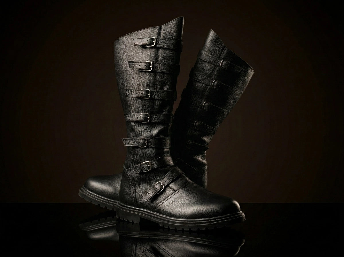 Multiple buckle closure detail on NOIRTIDE renaissance knee-high black boots