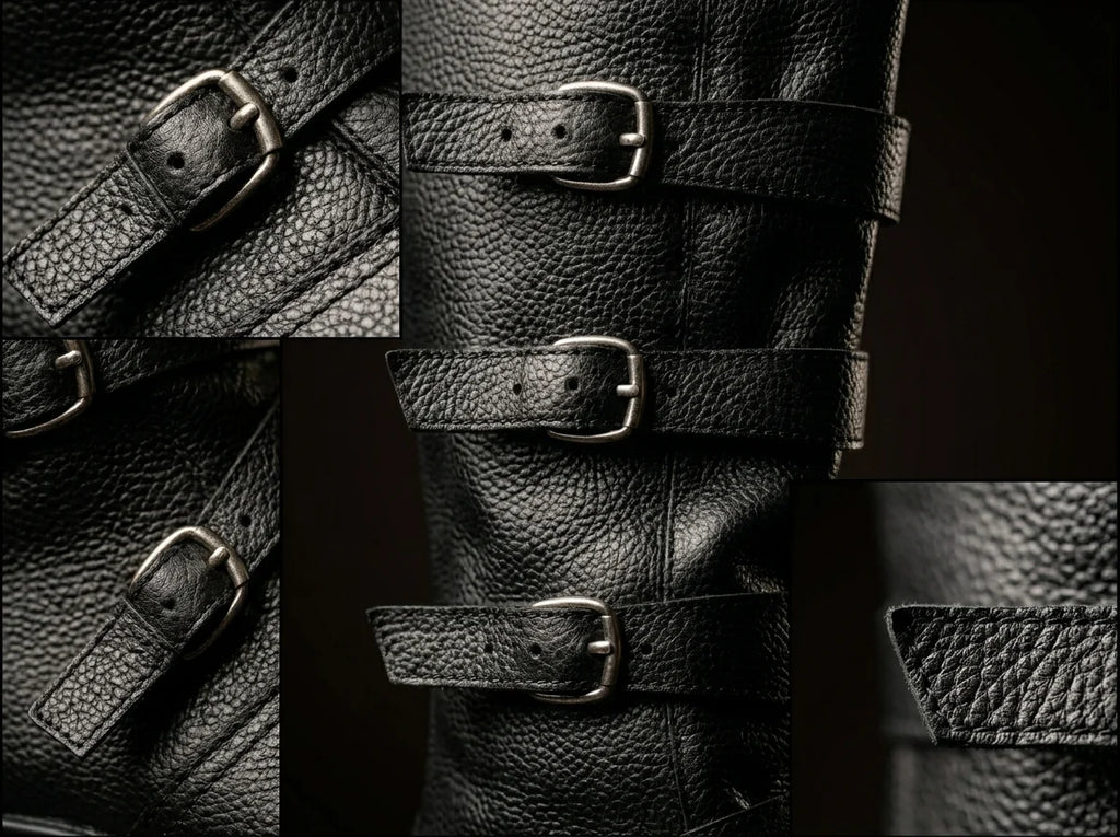 Leather texture on NOIRTIDE multi-buckle knee-high black renaissance boots