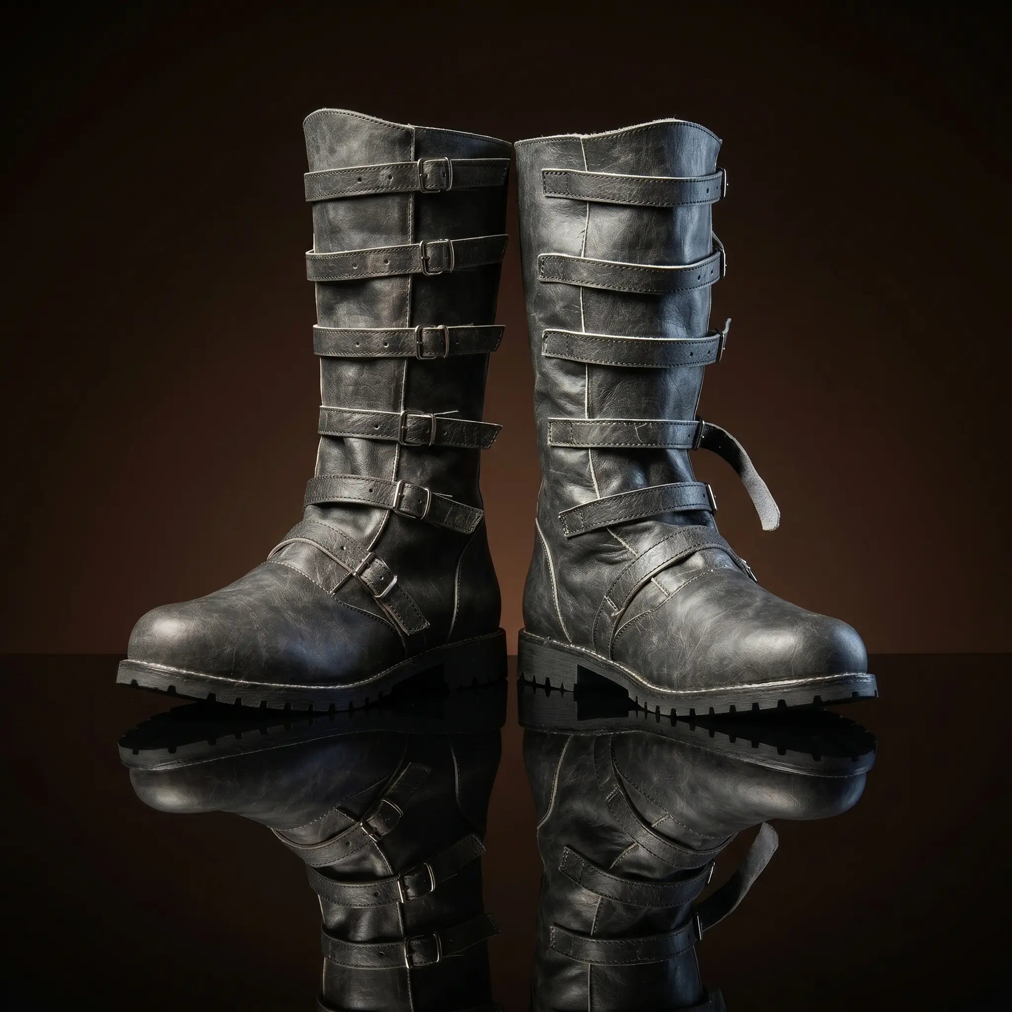 Front view of NOIRTIDE handmade multi-buckle renaissance boots