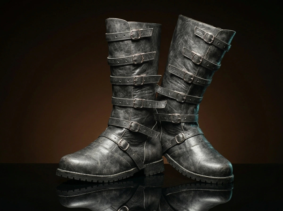 Multiple buckle closure detail on NOIRTIDE renaissance knee-high boots