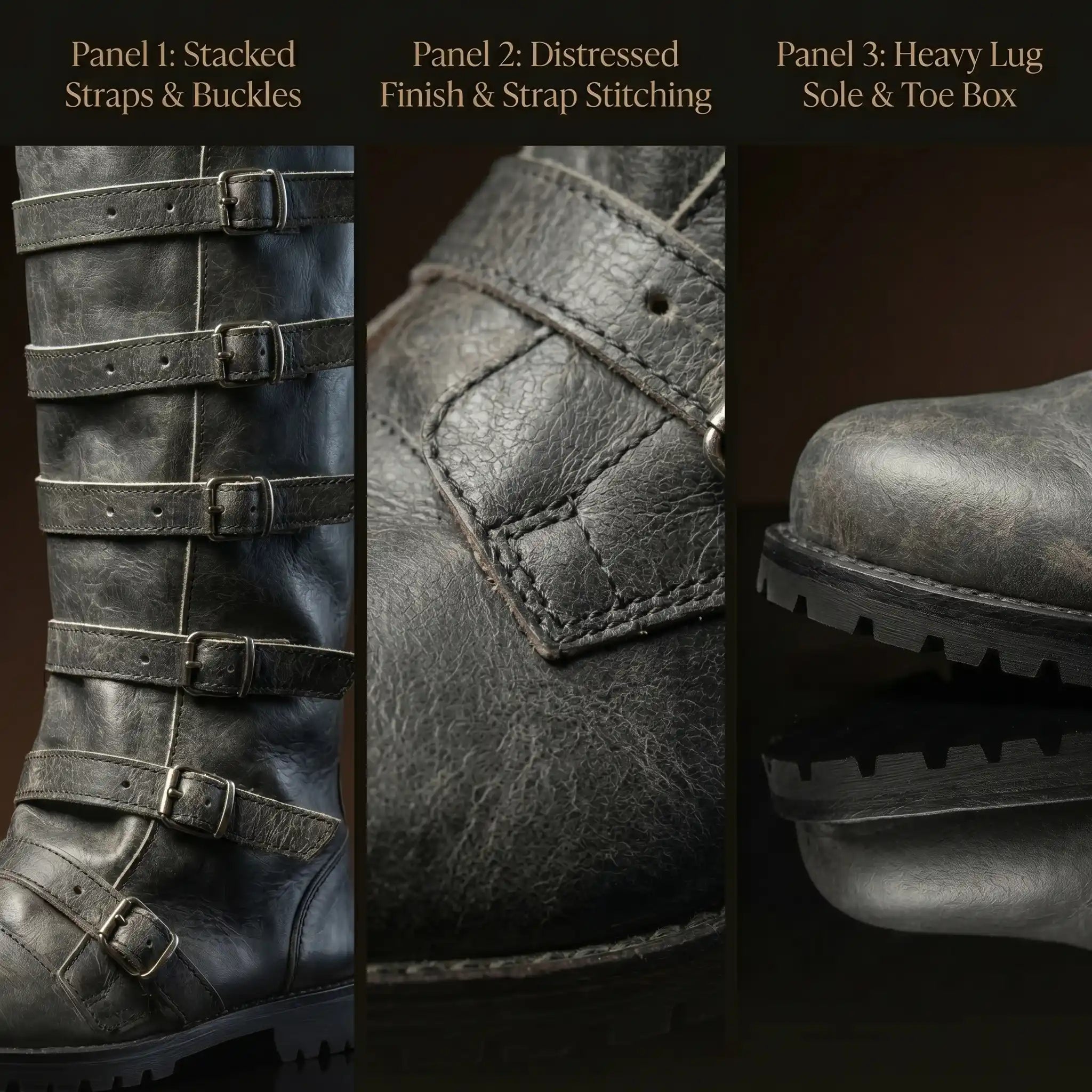 Leather texture on NOIRTIDE multi-buckle knee-high renaissance boots