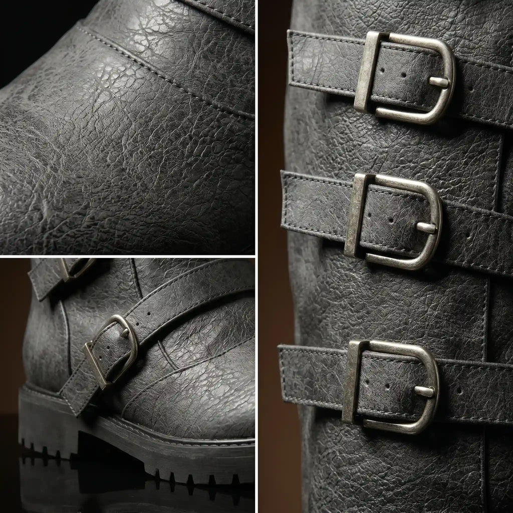 Leather texture on NOIRTIDE multi-buckle knee-high renaissance boots
