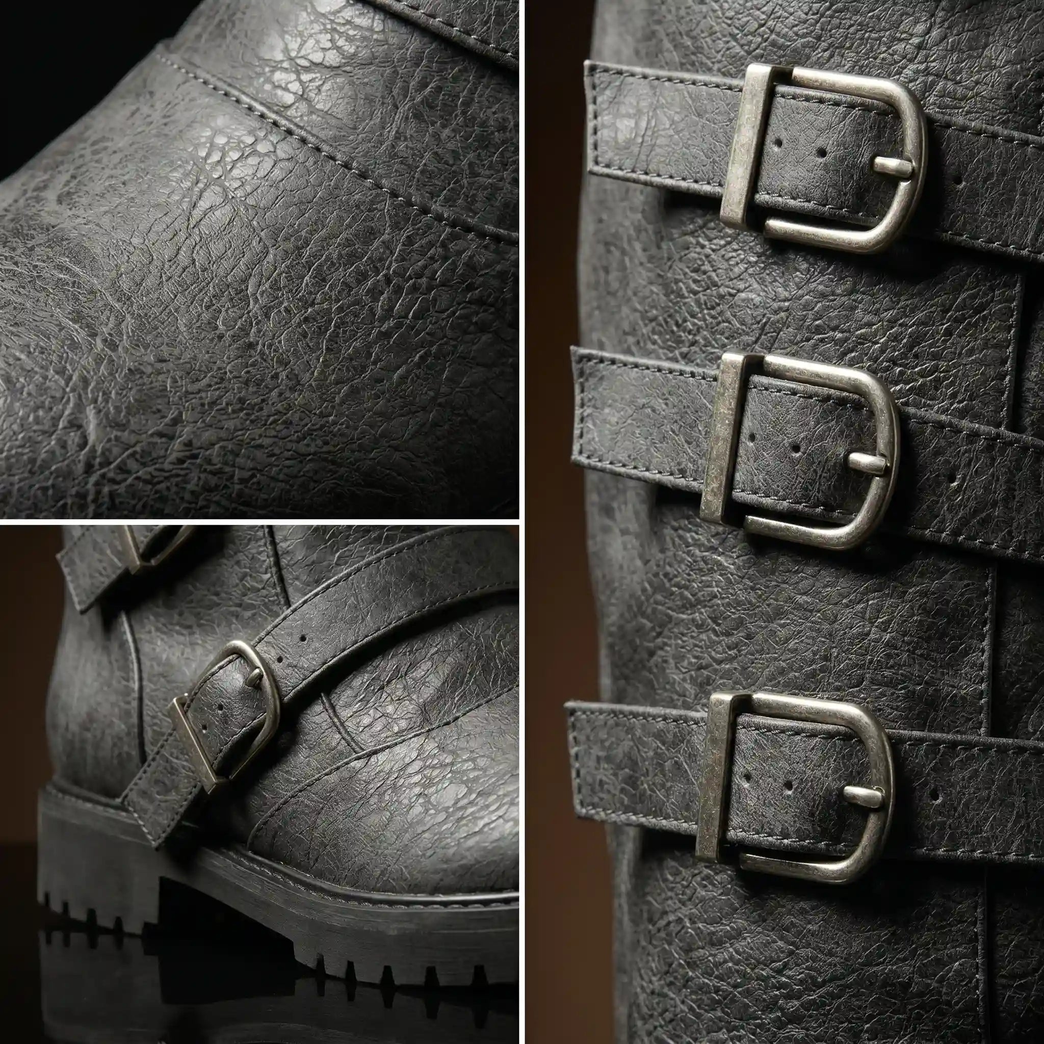 Leather texture on NOIRTIDE multi-buckle knee-high renaissance boots