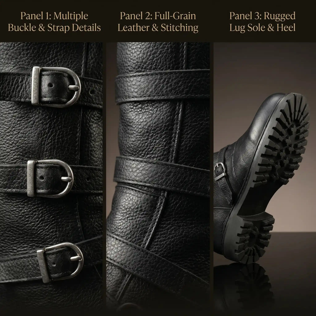Pair of custom multi-buckle knee-high renaissance boots by NOIRTIDE