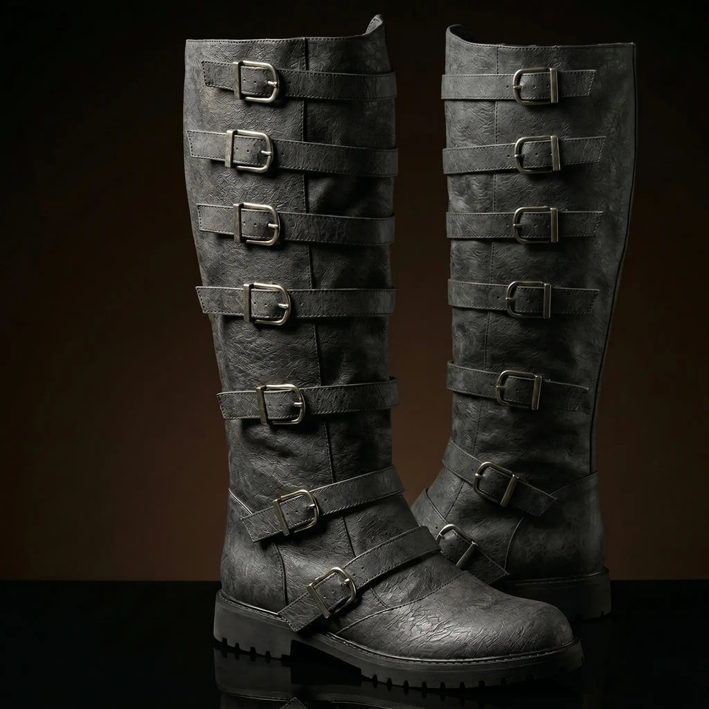 Pair of custom multi-buckle knee-high renaissance boots by NOIRTIDE