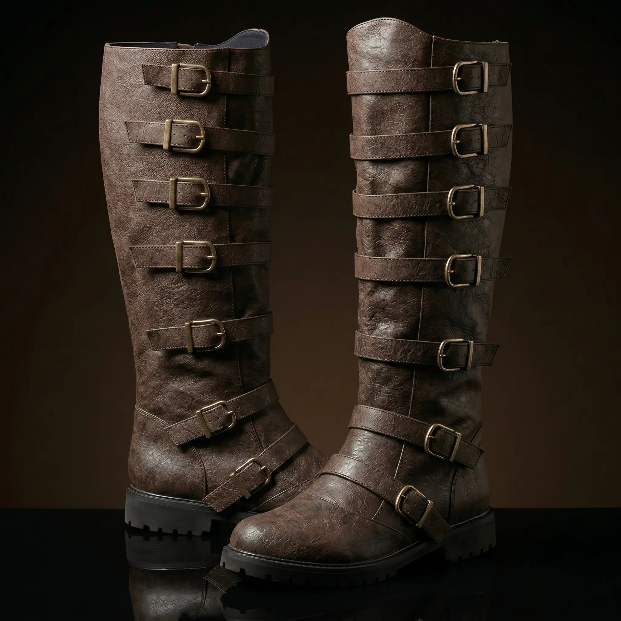 Pair of custom multi-buckle knee-high renaissance boots by NOIRTIDE