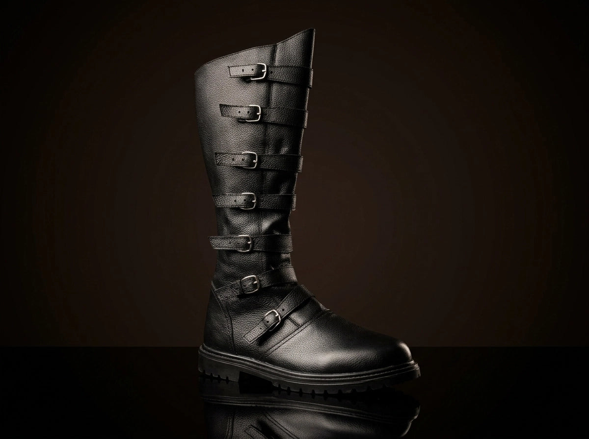 Multi-buckle knee-high renaissance leather black boots — handmade by NOIRTIDE