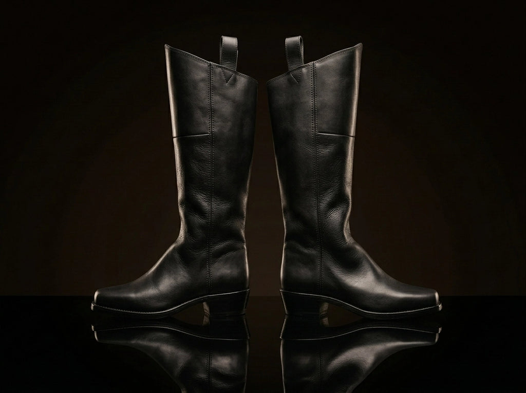 Front view of NOIRTIDE handmade officer Civil War dragoon cavalry boots