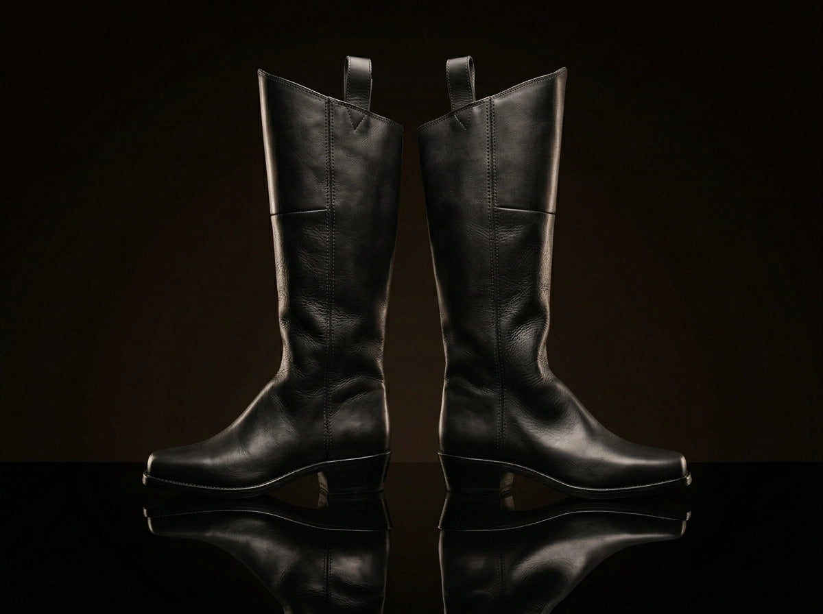 Front view of NOIRTIDE handmade officer Civil War dragoon cavalry boots
