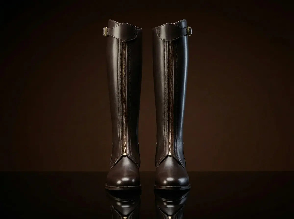 Front view of handmade leather polo riding boots for men — NOIRTIDE
