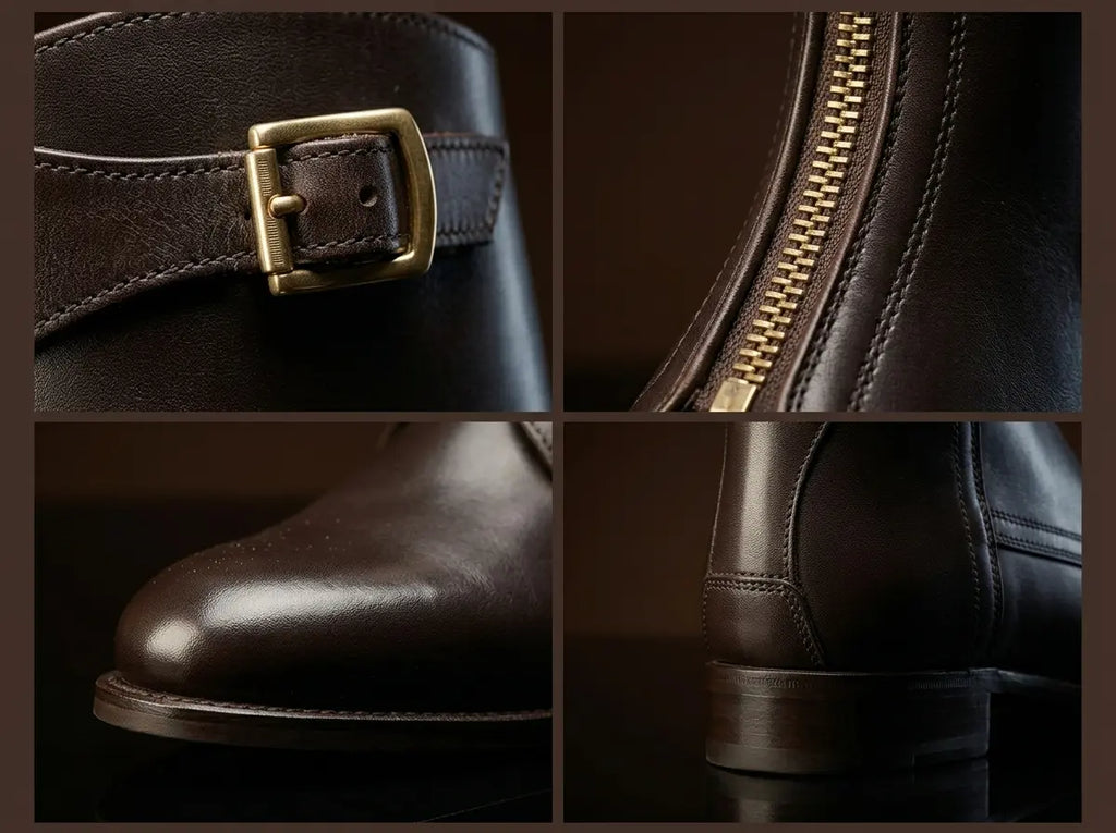 Front zipper closure detail on men's polo riding boots in genuine leather