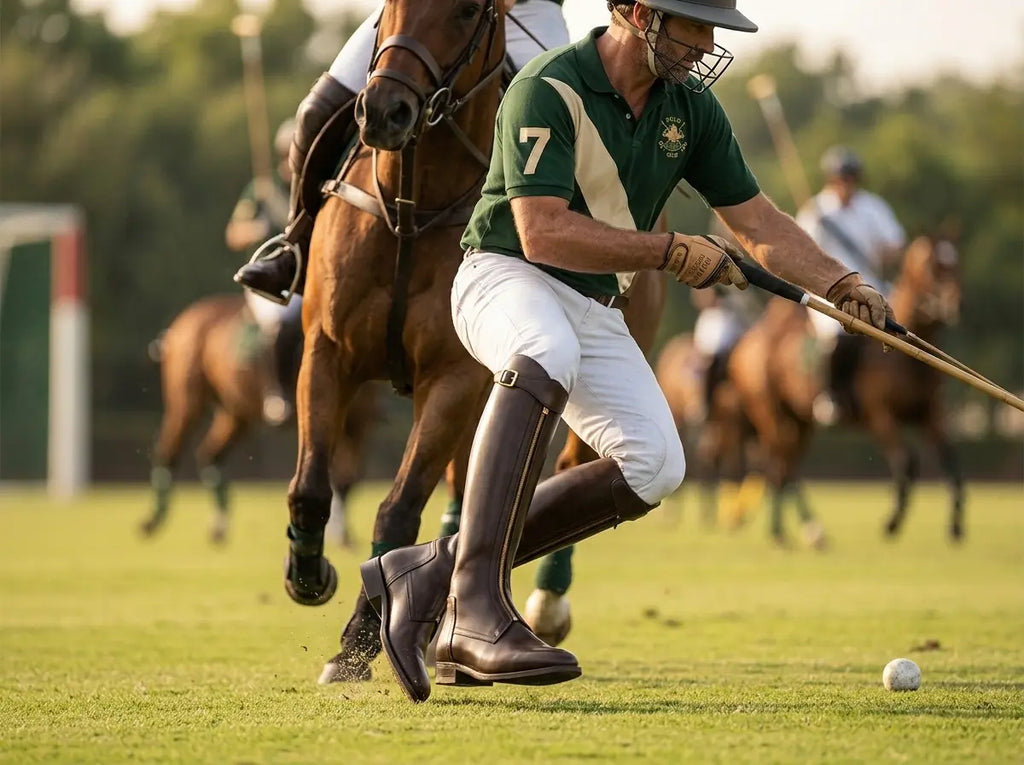 Men's polo riding boots in dark brown leather — custom equestrian footwear by NOIRTIDE