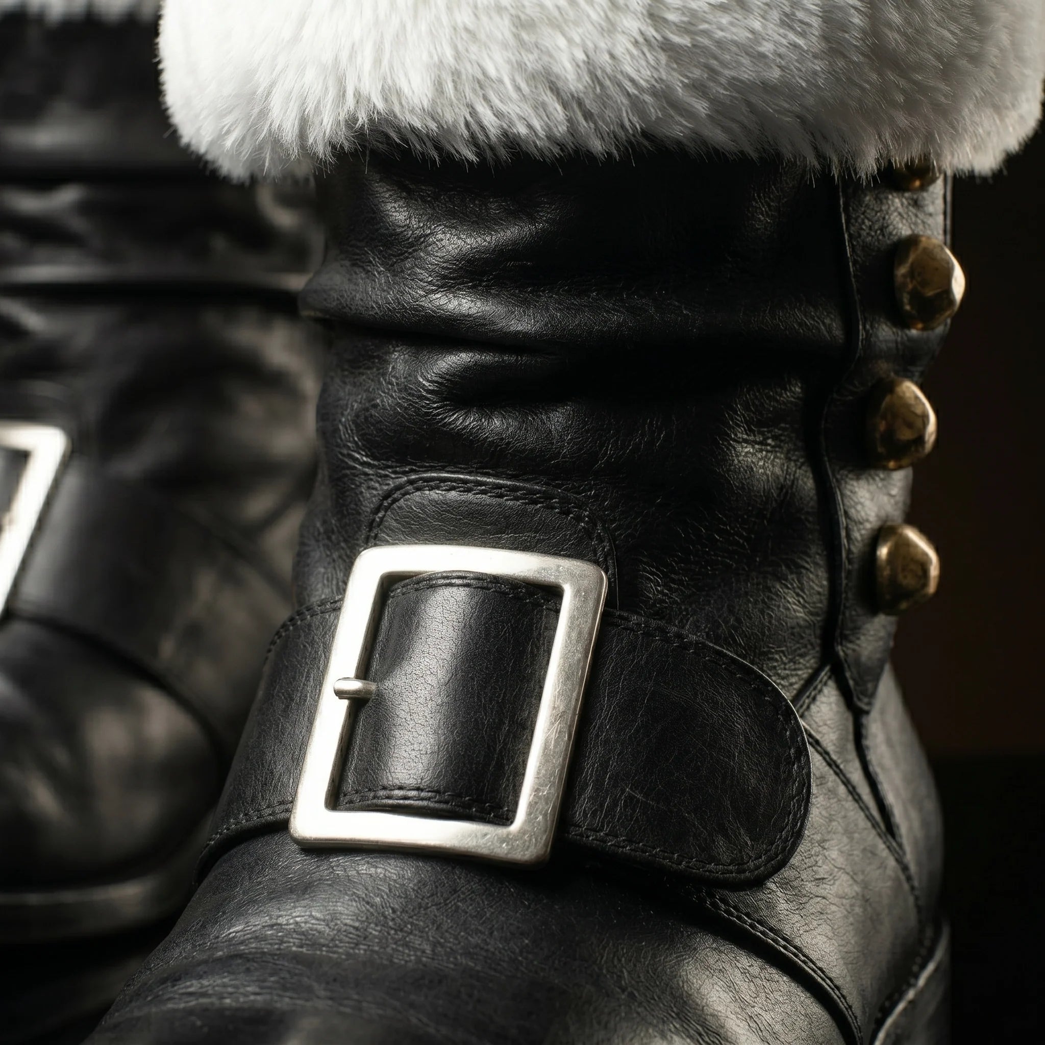 Black leather texture on NOIRTIDE Santa Claus boots with jingle bells