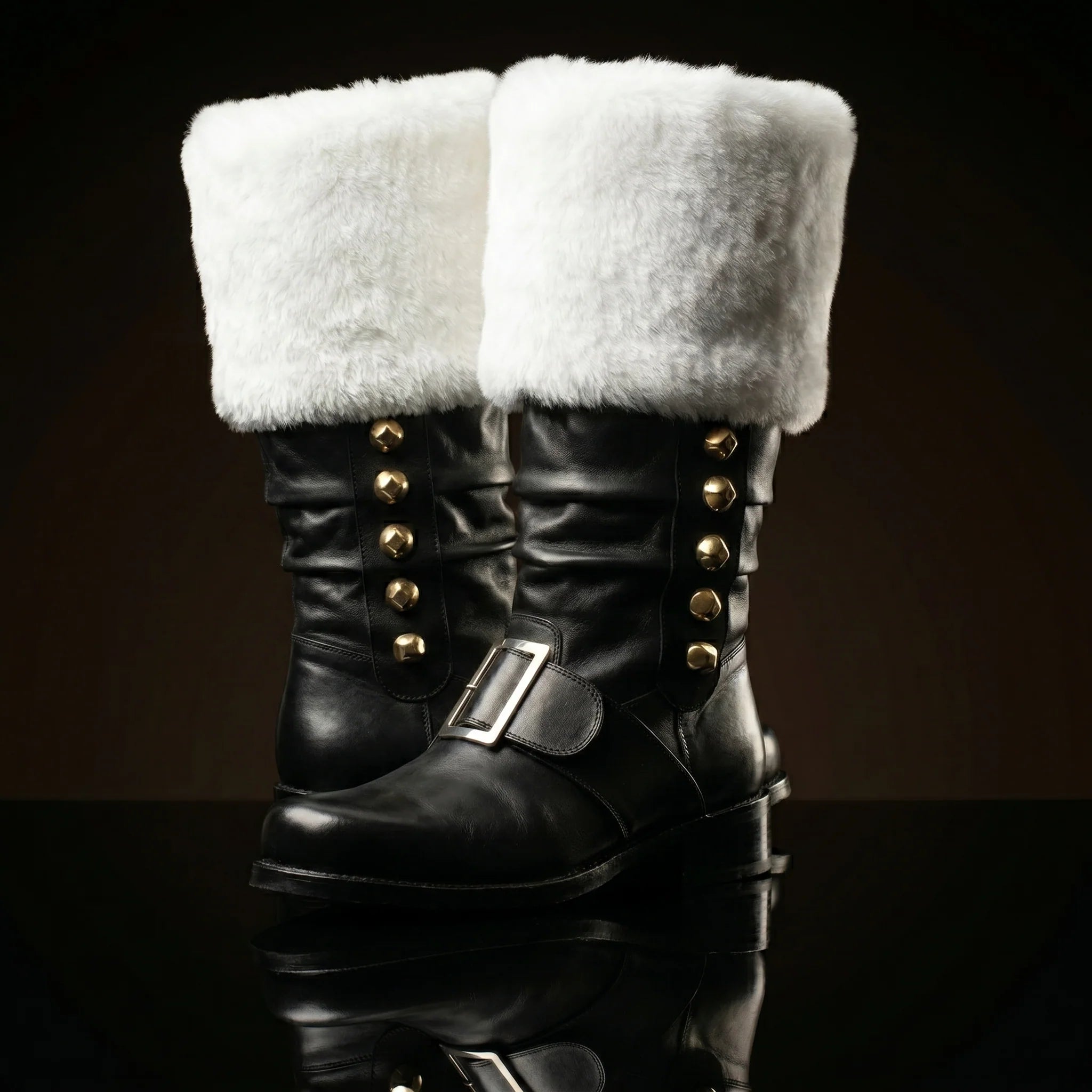 Pair of Santa Claus boots with jingle bells handcrafted by NOIRTIDE