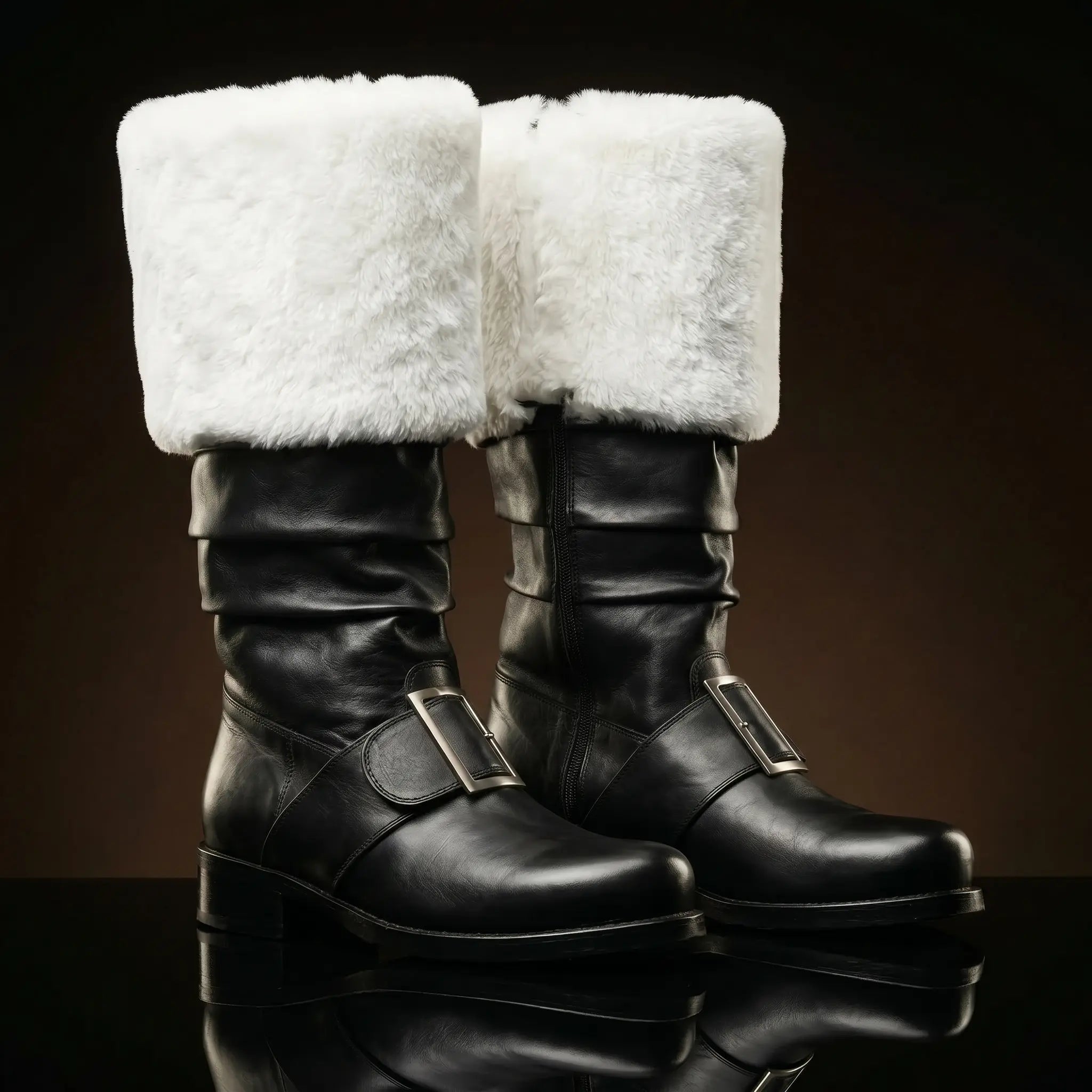 White fur trim detail on NOIRTIDE handmade Santa Claus boots