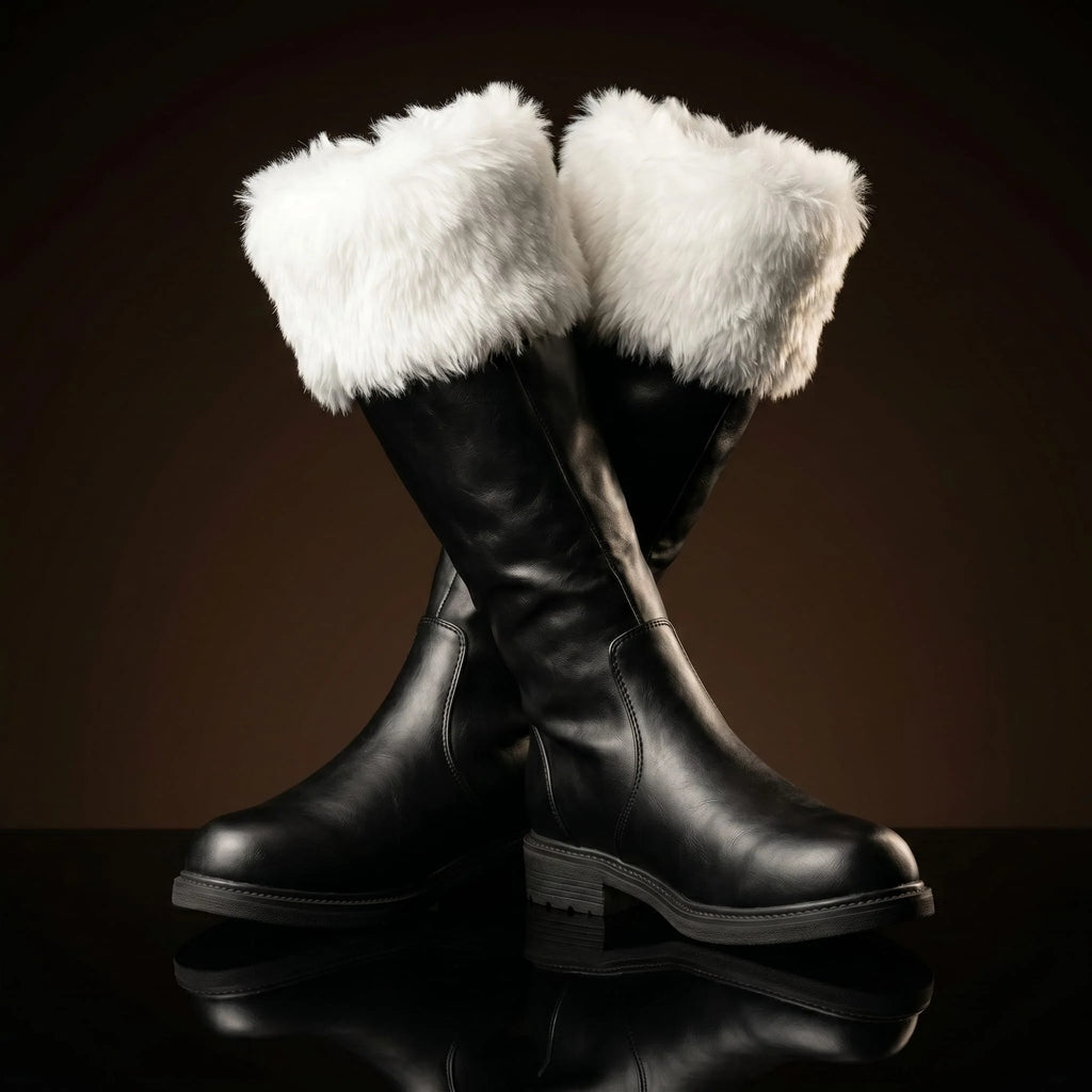 White fur trim detail on NOIRTIDE handmade Santa Claus boots