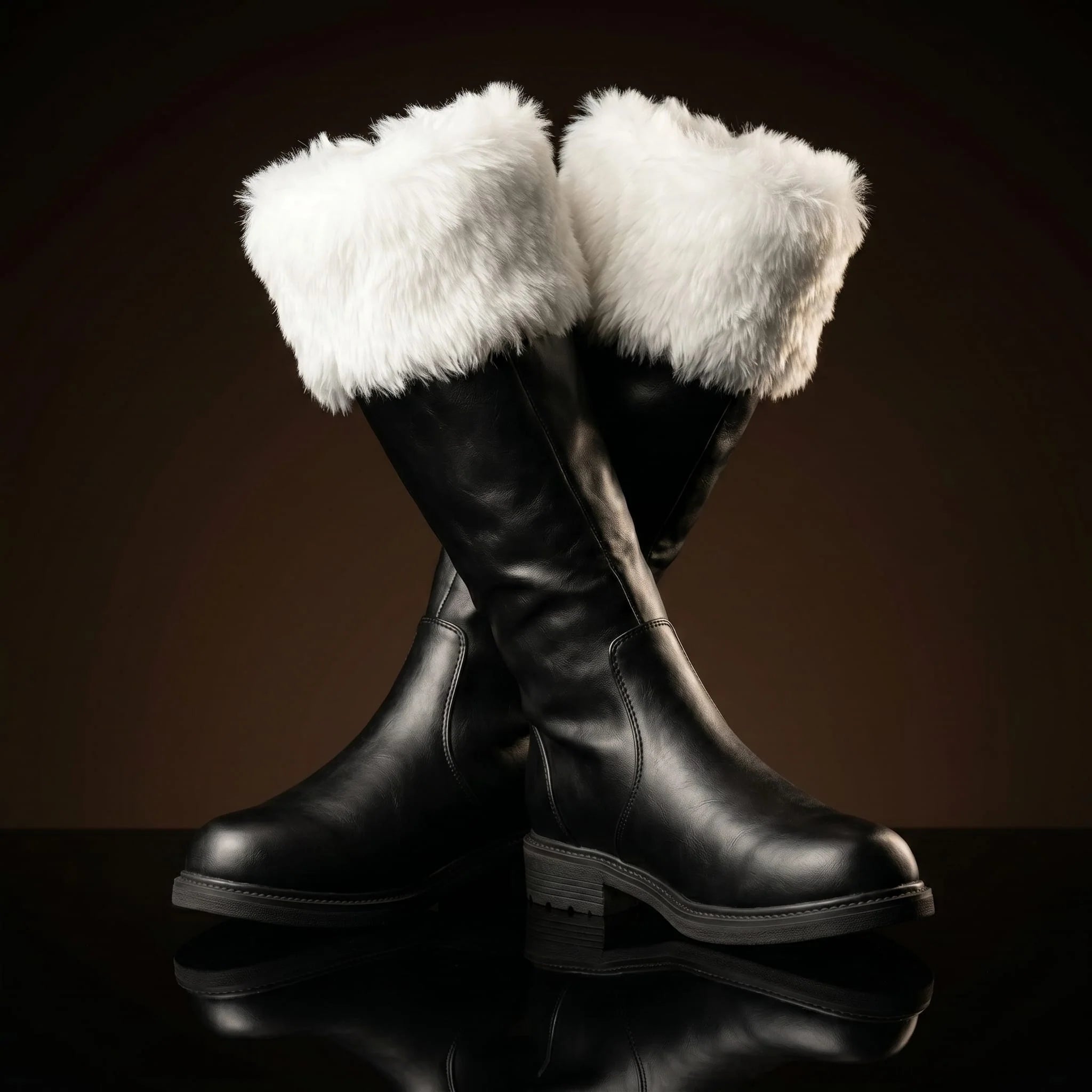 White fur trim detail on NOIRTIDE handmade Santa Claus boots