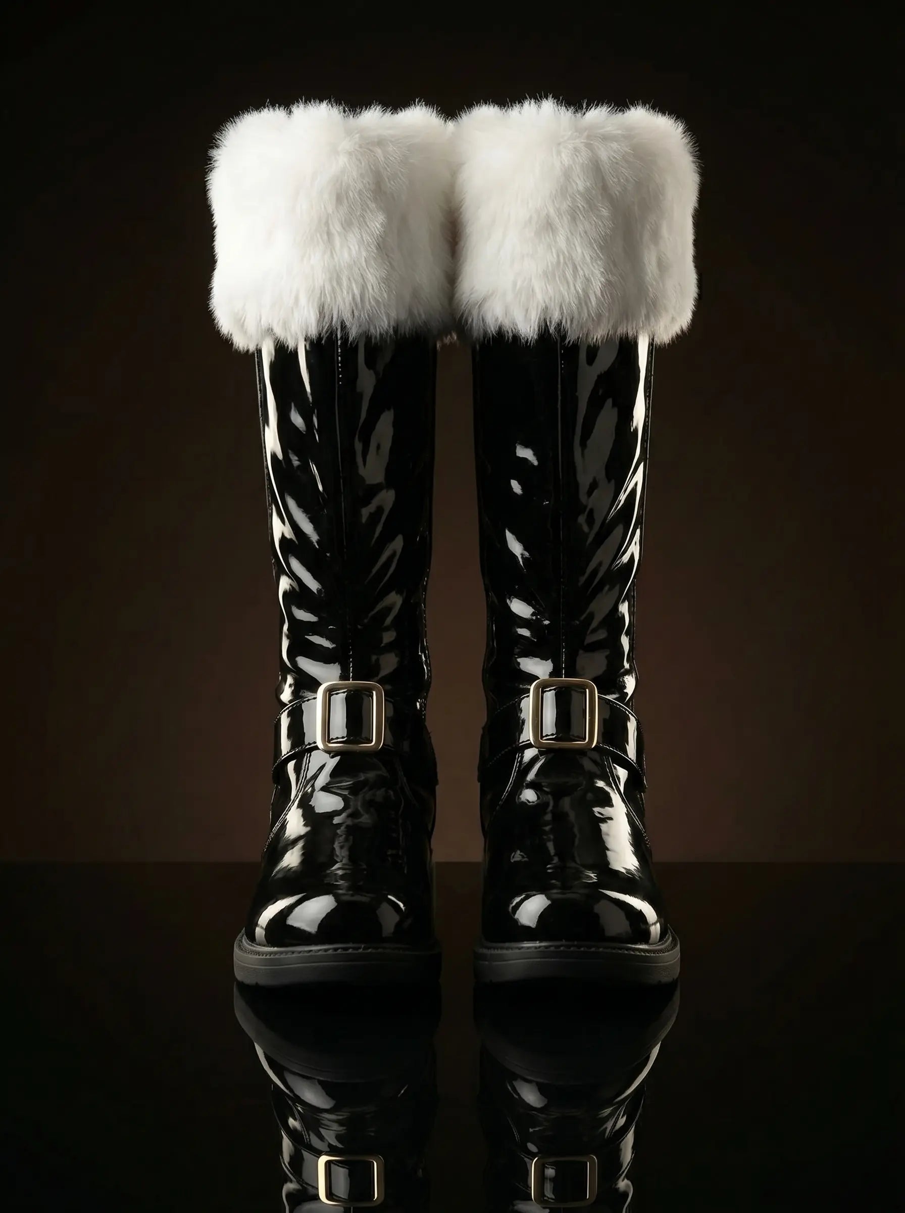 Detachable fur cuff on NOIRTIDE patent leather Santa Claus boots