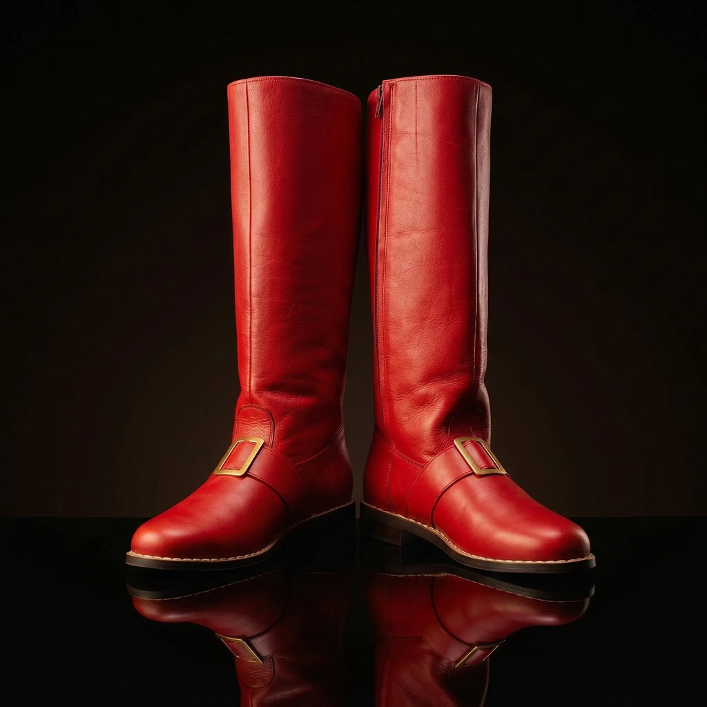 Detachable white fur cuff detail on NOIRTIDE Santa Claus red leather boots