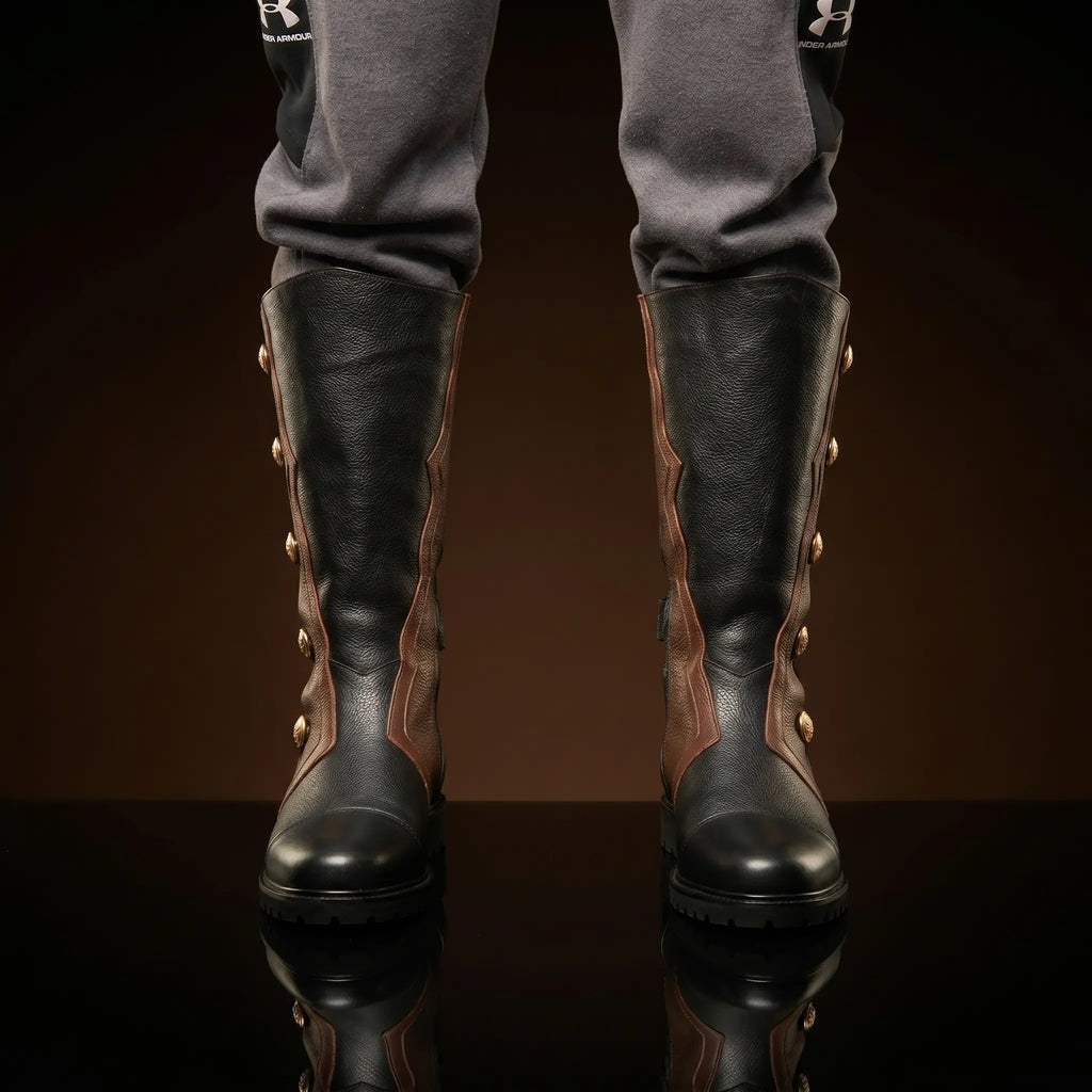 Front view of NOIRTIDE custom side laces renaissance boots