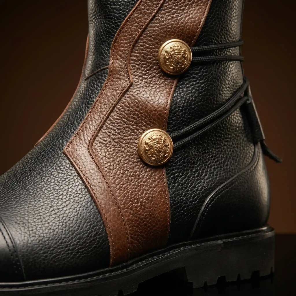 Leather texture on NOIRTIDE custom side laces renaissance boots
