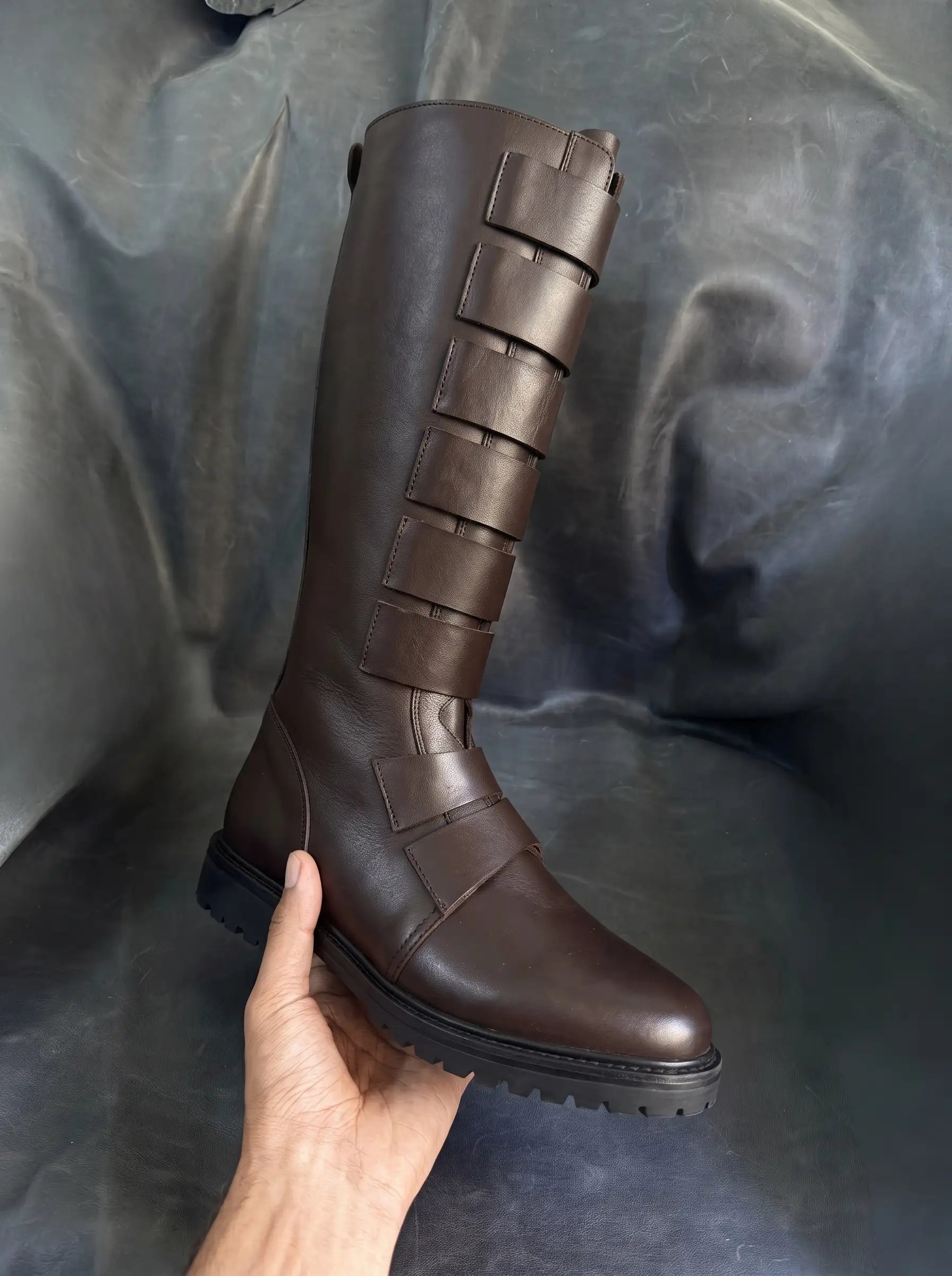 Front view of NOIRTIDE custom Qui-Gon Jinn Jedi boots