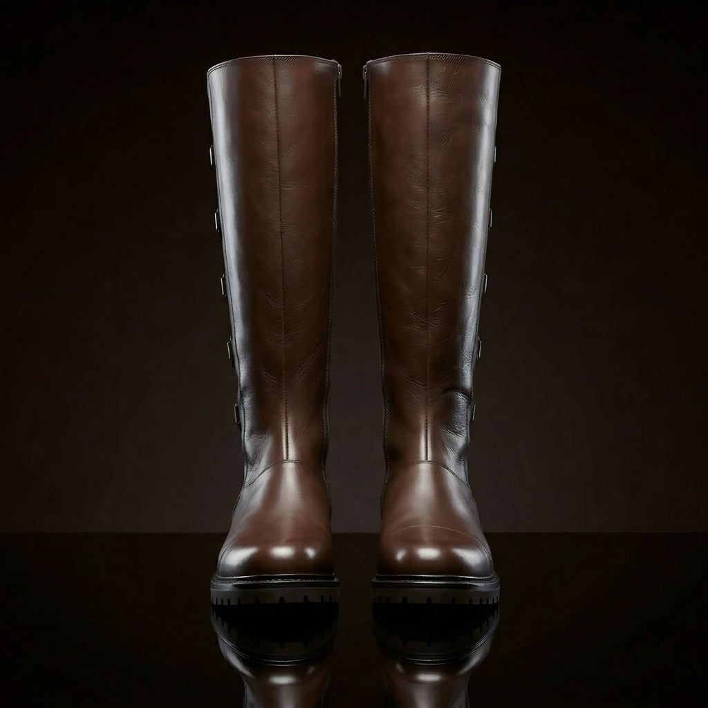Front view of NOIRTIDE custom Star Wars Rey leather boots