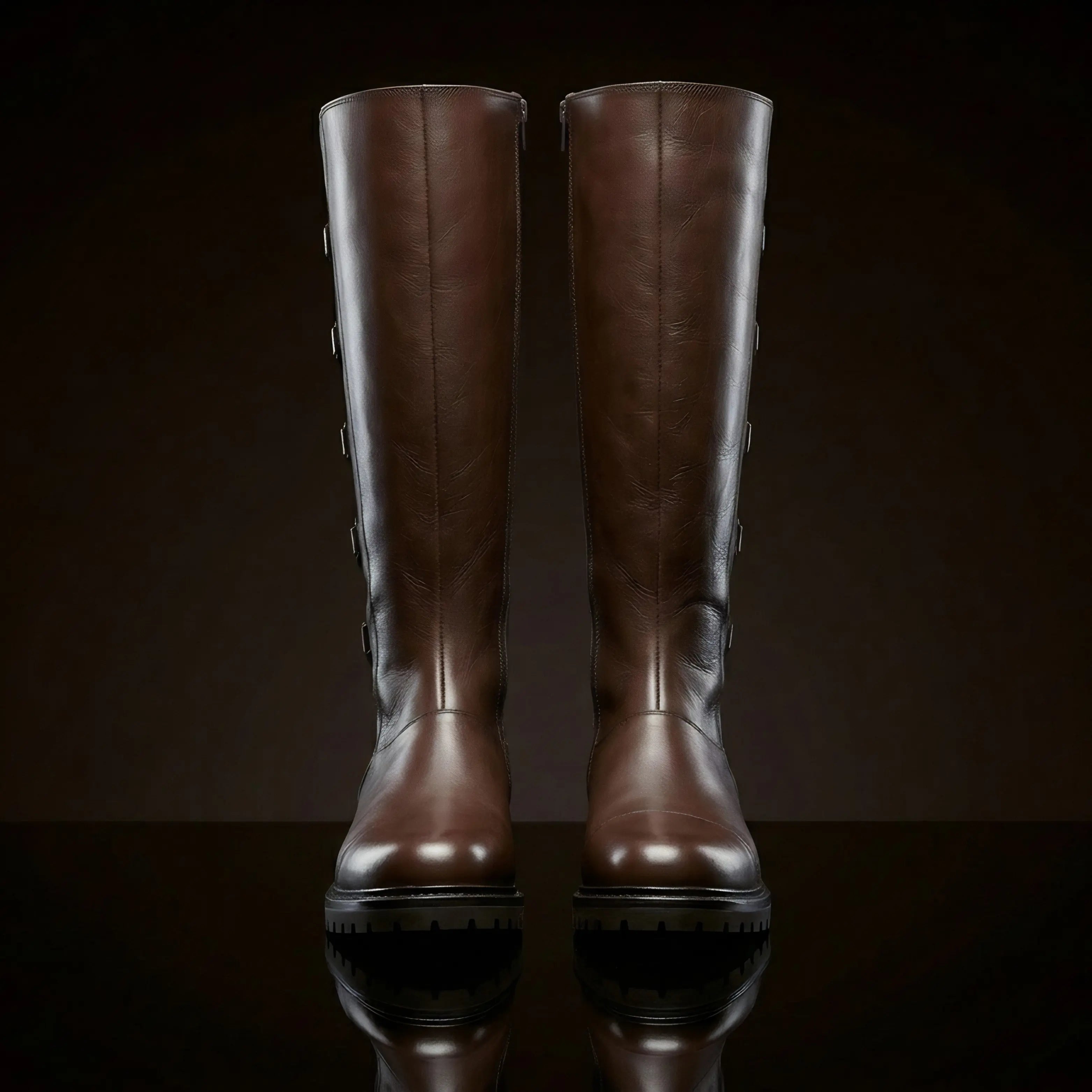 Front view of NOIRTIDE custom Star Wars Rey leather boots