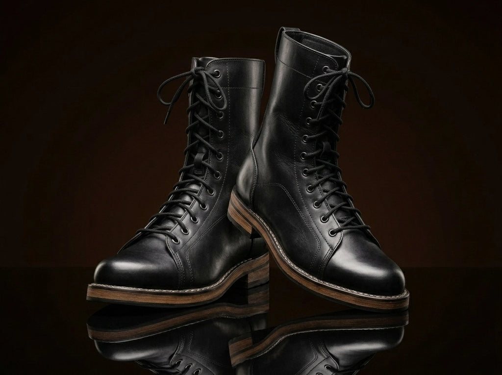 Front view of NOIRTIDE USMC Raider leather combat boots