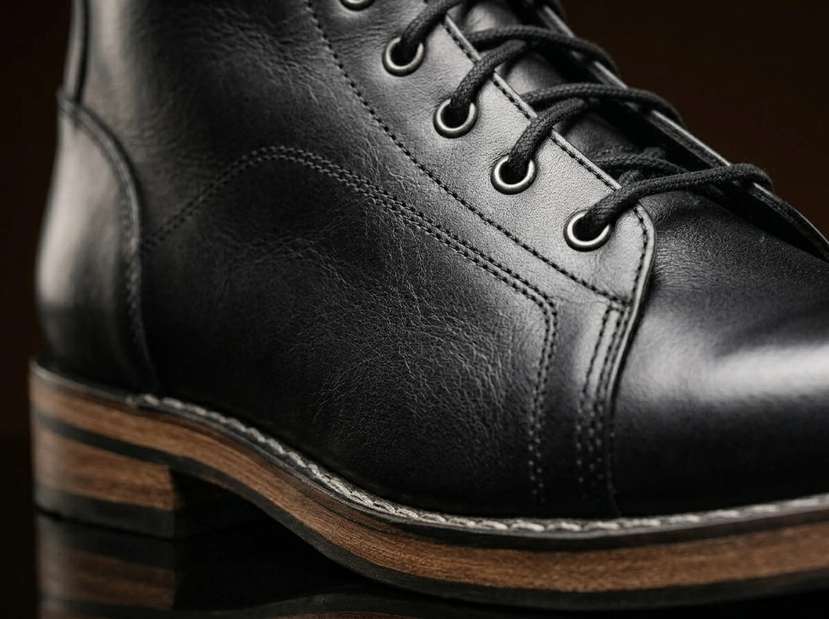 acing close-up on handmade USMC Raider leather combat boots