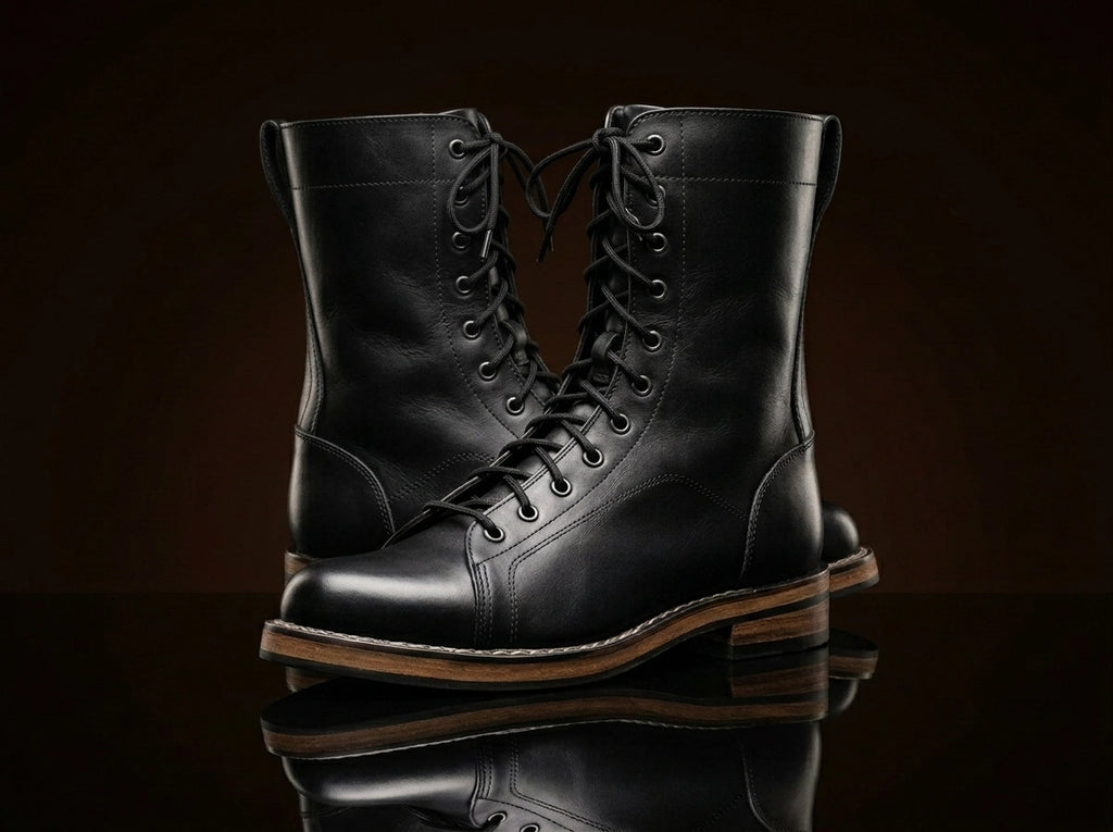Front view of NOIRTIDE USMC Raider leather combat boots