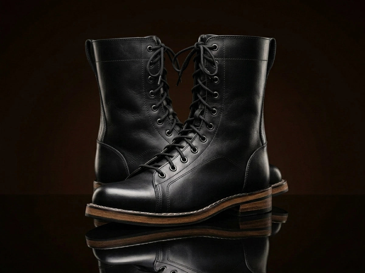 Front view of NOIRTIDE USMC Raider leather combat boots