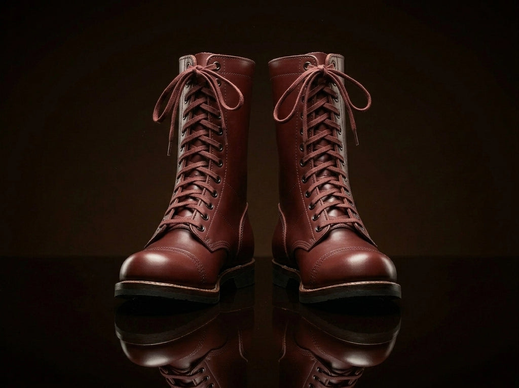 Front view of NOIRTIDE USMC Raider WWII leather combat boots