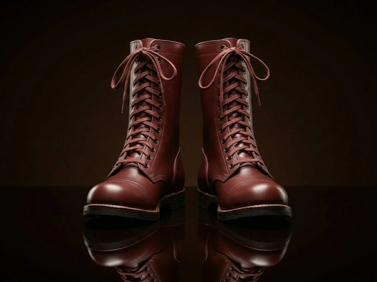 Front view of NOIRTIDE USMC Raider WWII leather combat boots