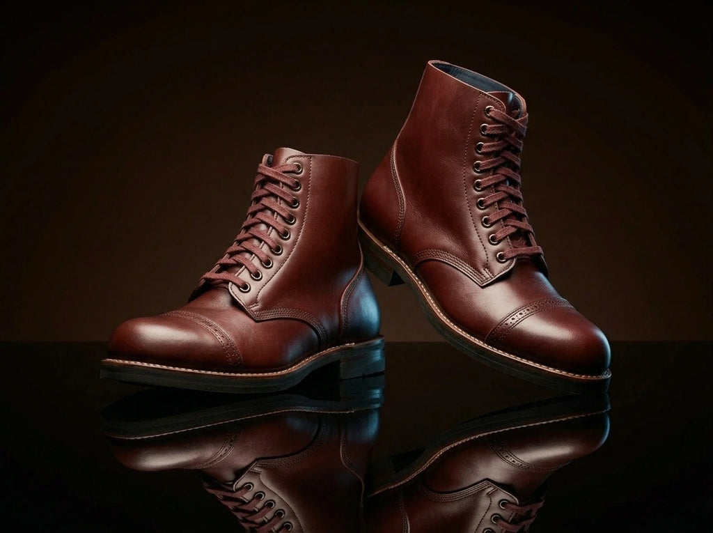 Front view of authentic WW2 American service boots in brown leather