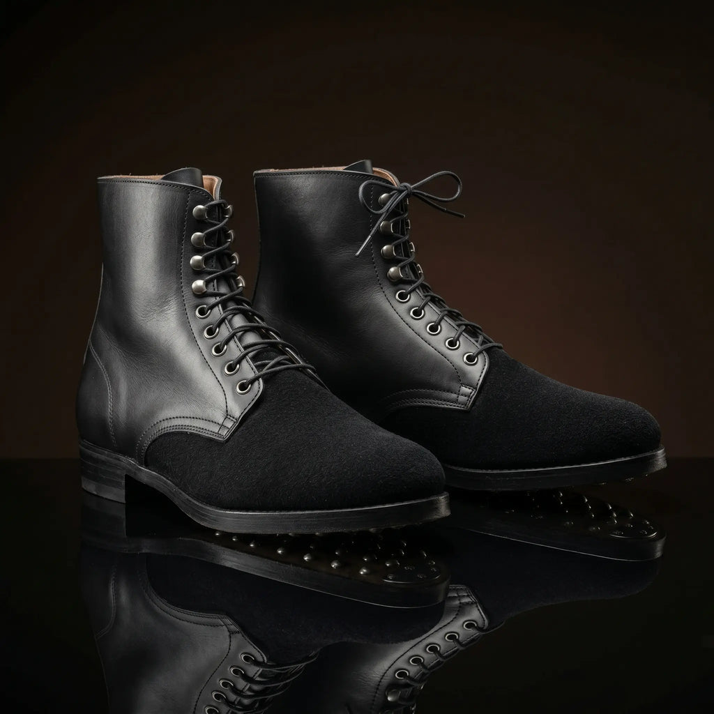 Front view of NOIRTIDE WW2 German M37 black leather low boots